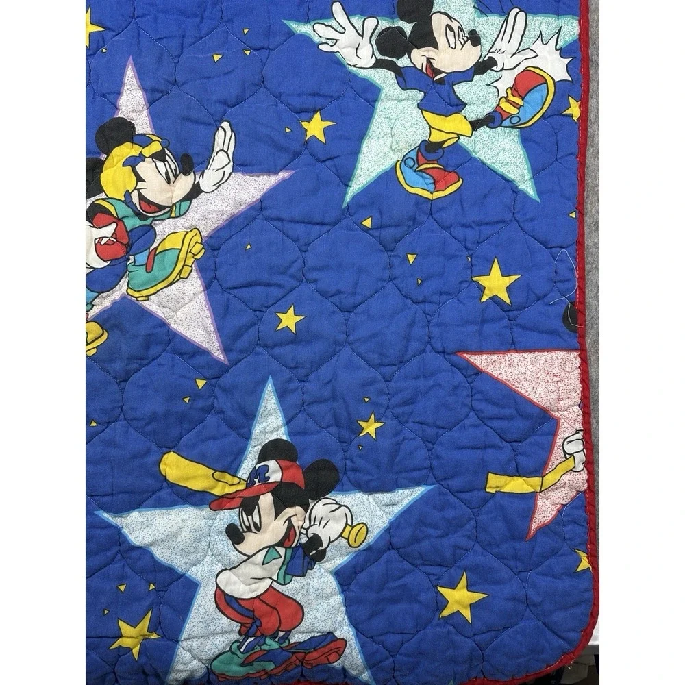 Vintage Disney Mickey Mouse Sports Quilted Crib Blanket 52x39 Blue Stars
